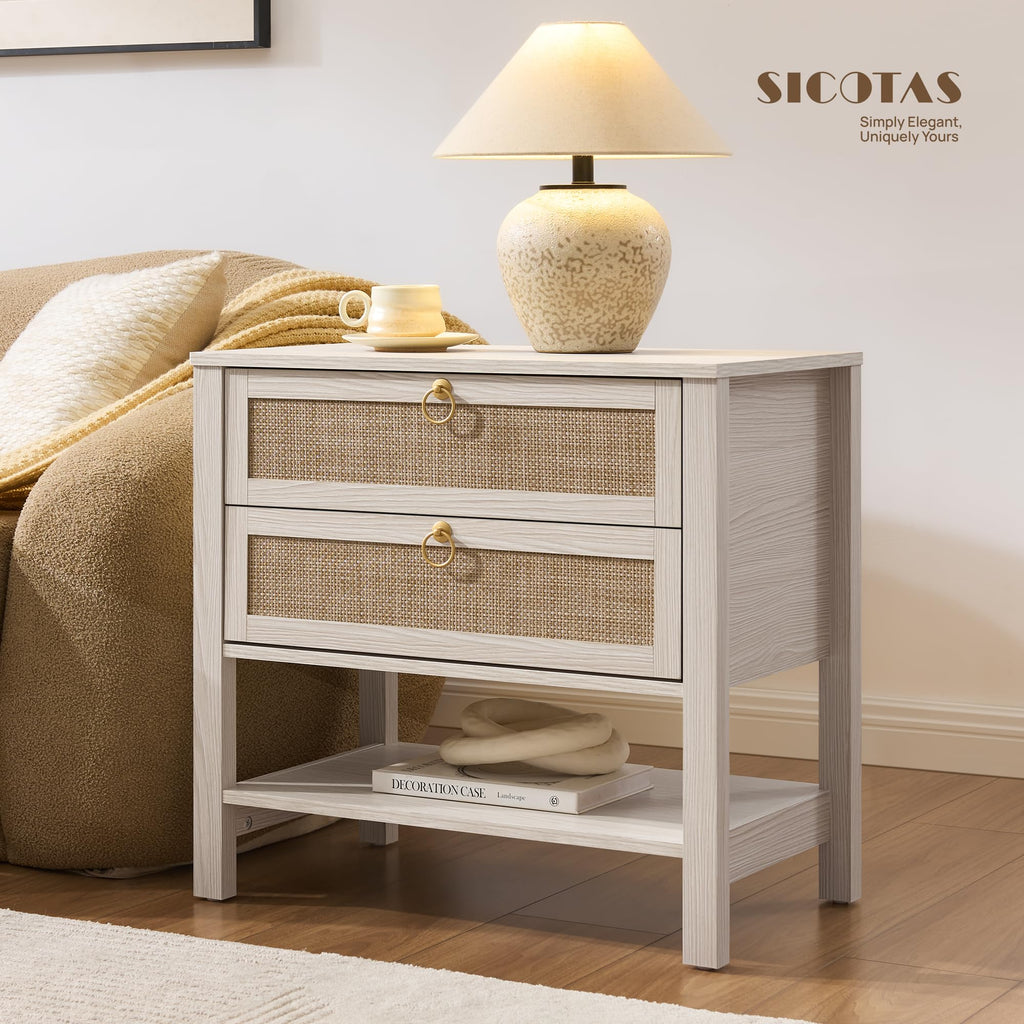 White Rattan Nightstand Set of 2, Wide Bedside Table with 2 Drawers