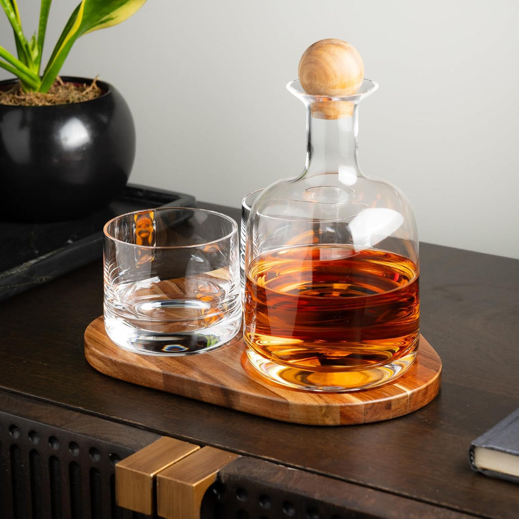 Whiskey Decanter Set with Glasses, Wood Tray and Stopper - Set of 5