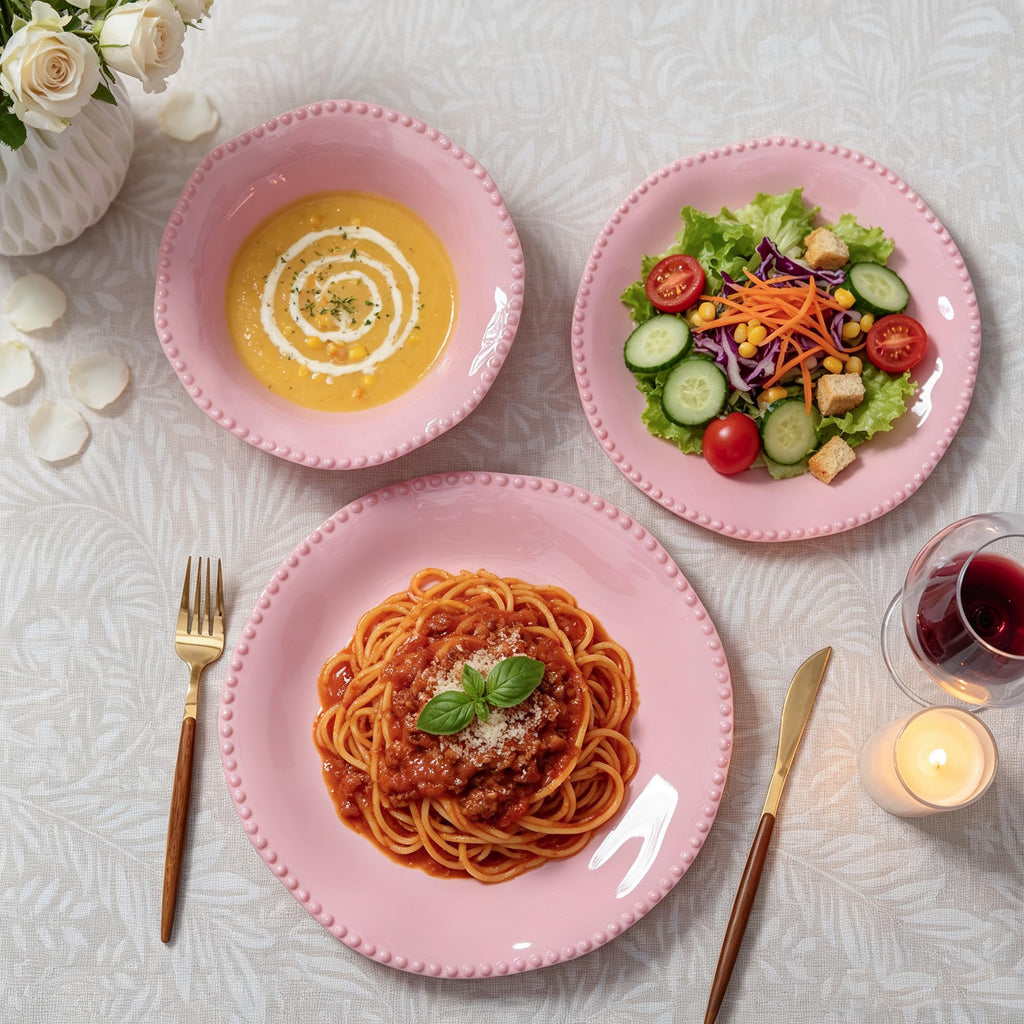 Pink Beaded Melamine Dinnerware Set, 12pcs Dots Plate and Bowl Set