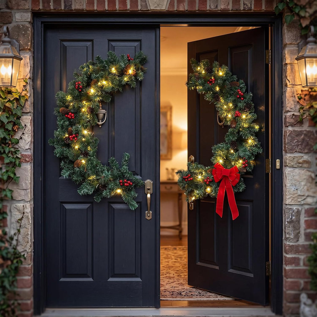 35 Inch Double Door Cordless Wreath, Pre-lit