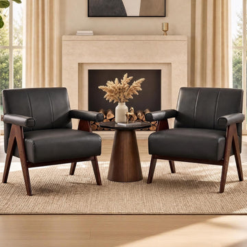 Mid Century Modern Black Faux Leather Accent Chair Set 2 Solid Wood Frame - Set of 2