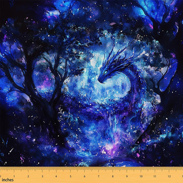 Blue Purple Dragon Fabric By The Yard, Ancient Jungle Upholstery Fabric, Magical Dragon Decorative Material, Mysterious