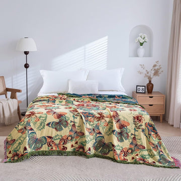 Boho Butterfly 100% Cotton Throw Blanket, Muslin Vintage Floral Woven Throw, Reversible Bedspread, 60"x80"Lightweight