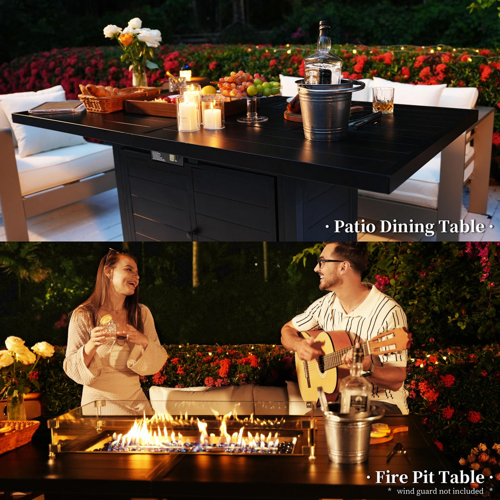 7 Pcs Outdoor Furniture Set w/ 60" Firepit and 6 Pieces Patio Chairs, 50, 000 BTU Aluminum Gas Fire Table and