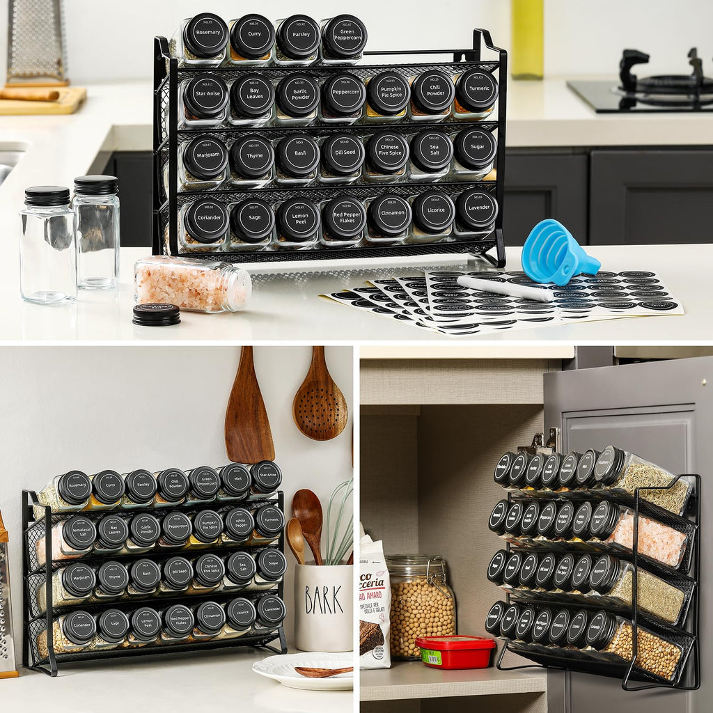 Spice Rack Organizer for Cabinet, Spice Organizer with 28 Empty Spice Jars with Black Lids, Funnel, Spice Labels