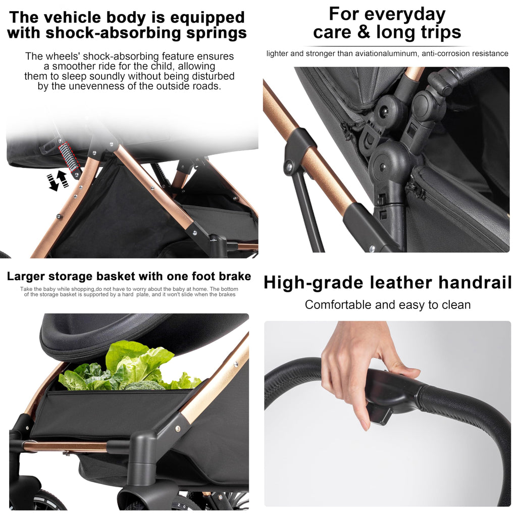 PU Leather 2 in 1 Baby Stroller Reversible Portable Standard Stroller Convertible Pushchair Infant Buggy Baby