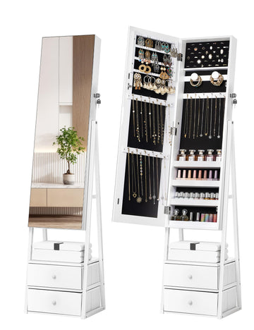 Jewelry Cabinet Armoire, 2 Drawers, Full Length Mirror, Pure White
