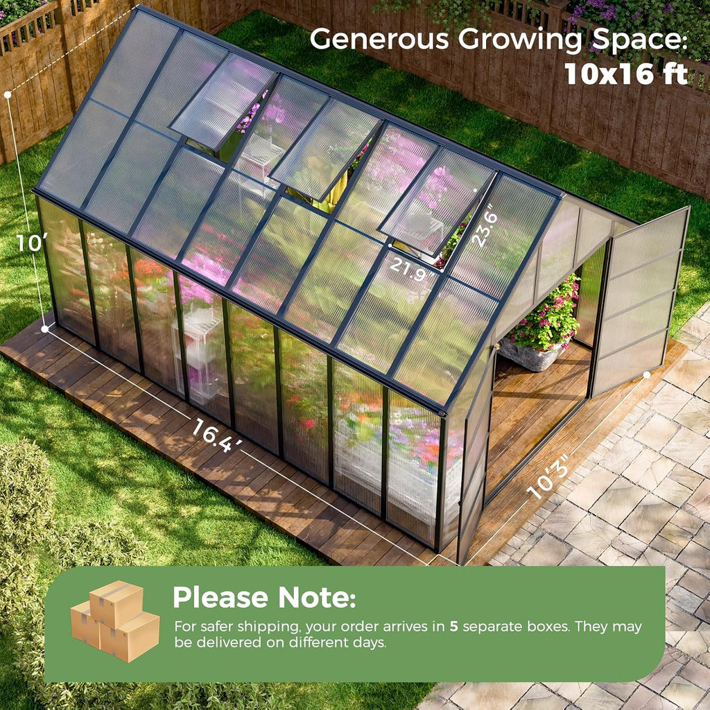 16x10x10 FT Large Greenhouse for Outdoors , 3 Vents | 4MM Twin-Wall PC Panels, Quick-Connect Aluminum Frame, 3