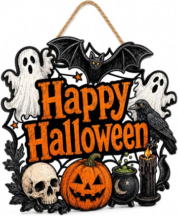Halloween Door Decoration Sign, Halloween Pumpkin Bat Witch Wreath Front Door Hanger, Spooky Wooden Sign Outdoor