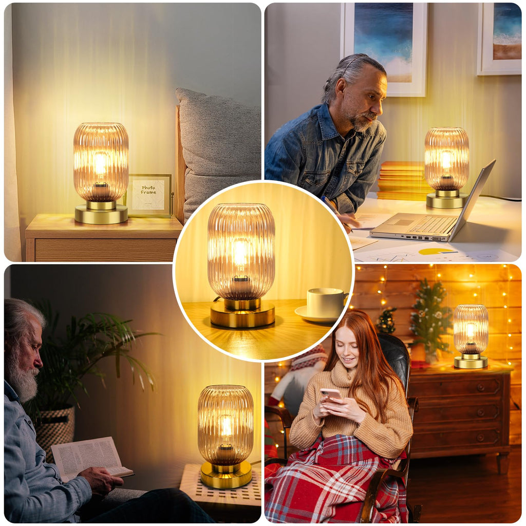 Mid Century Modern Table Lamp with Amber Ribbed Glass Shade, Touch Control & 3 Way Dimmable, Small Gold, Vintage
