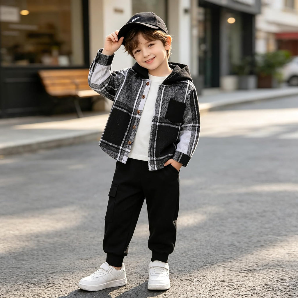 Toddler Boys Clothes 2 Piece Flannel Plaid Shirt Hoodie and Pants Little Boys Fall Winter