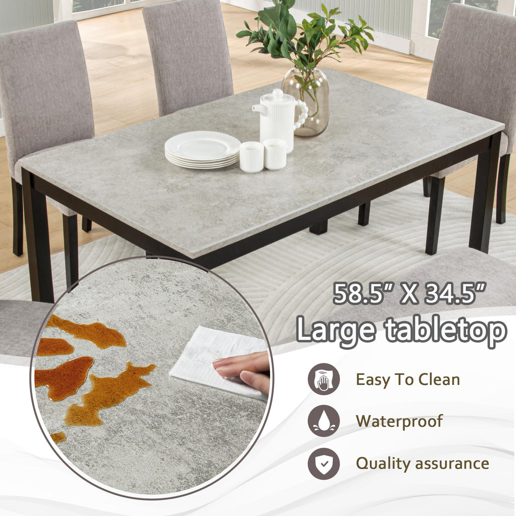 6-Piece Dining Table Set with Bench, Solid Wood Kitchen Table & 4 Upholstered Chairs, Concrete-Effect Tabletop, Modern