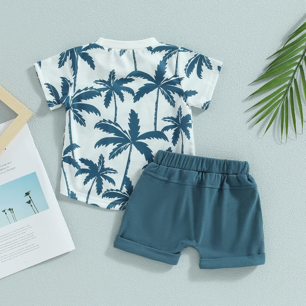Toddler Baby Boy Clothes Beach Short Sleeve Palm Print Hawaiian T-Shirt and Drawstring Shorts Set Summer Outfit