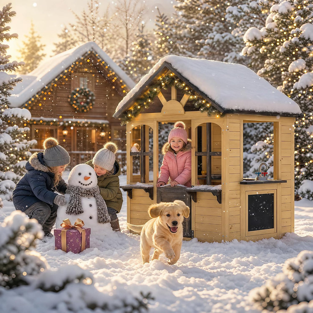 Kids Outdoor Playhouse Wood Play House for Kids Ages 3-8 withPet Door | Backyard Cottage Playhouse with Play