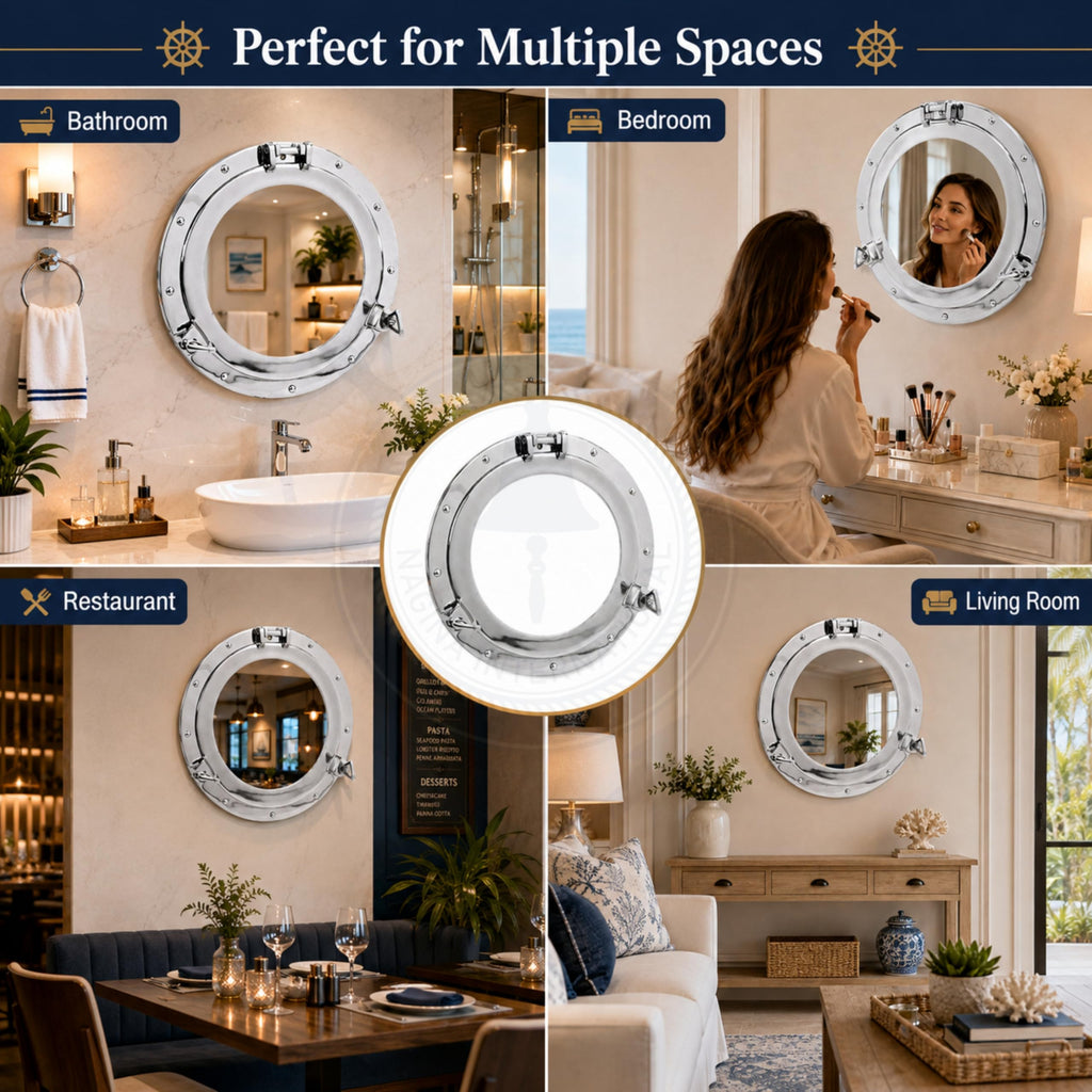 Metal Crafted Nickel Plated Aluminum Porthole Bathroom Decor Mirror (15 Inches)