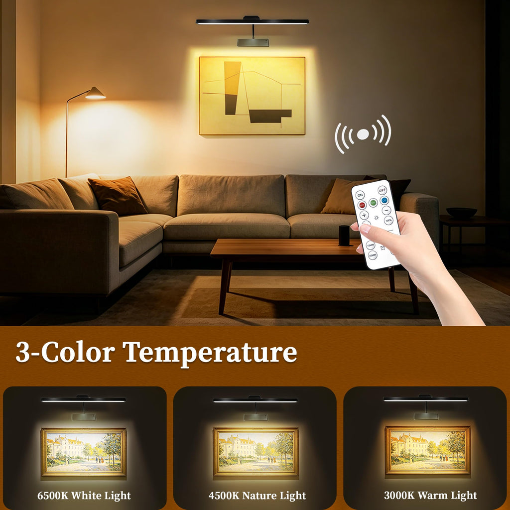Picture Light for Wall, 4800mAh Rechargeable Wireless Remote, 15in Dimmable Timer LED Art Display Light with 3 Color
