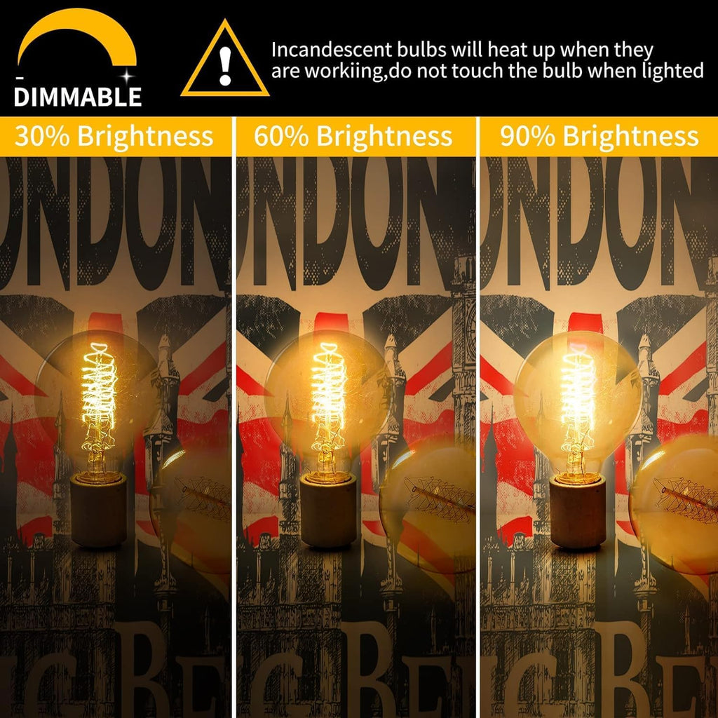 G80 Globe Edison Light Bulb, Vintage 4-Pack Edison Light Bulb, 60W 2700K 110V Spiral Filament Light Bulbs, E26 Base