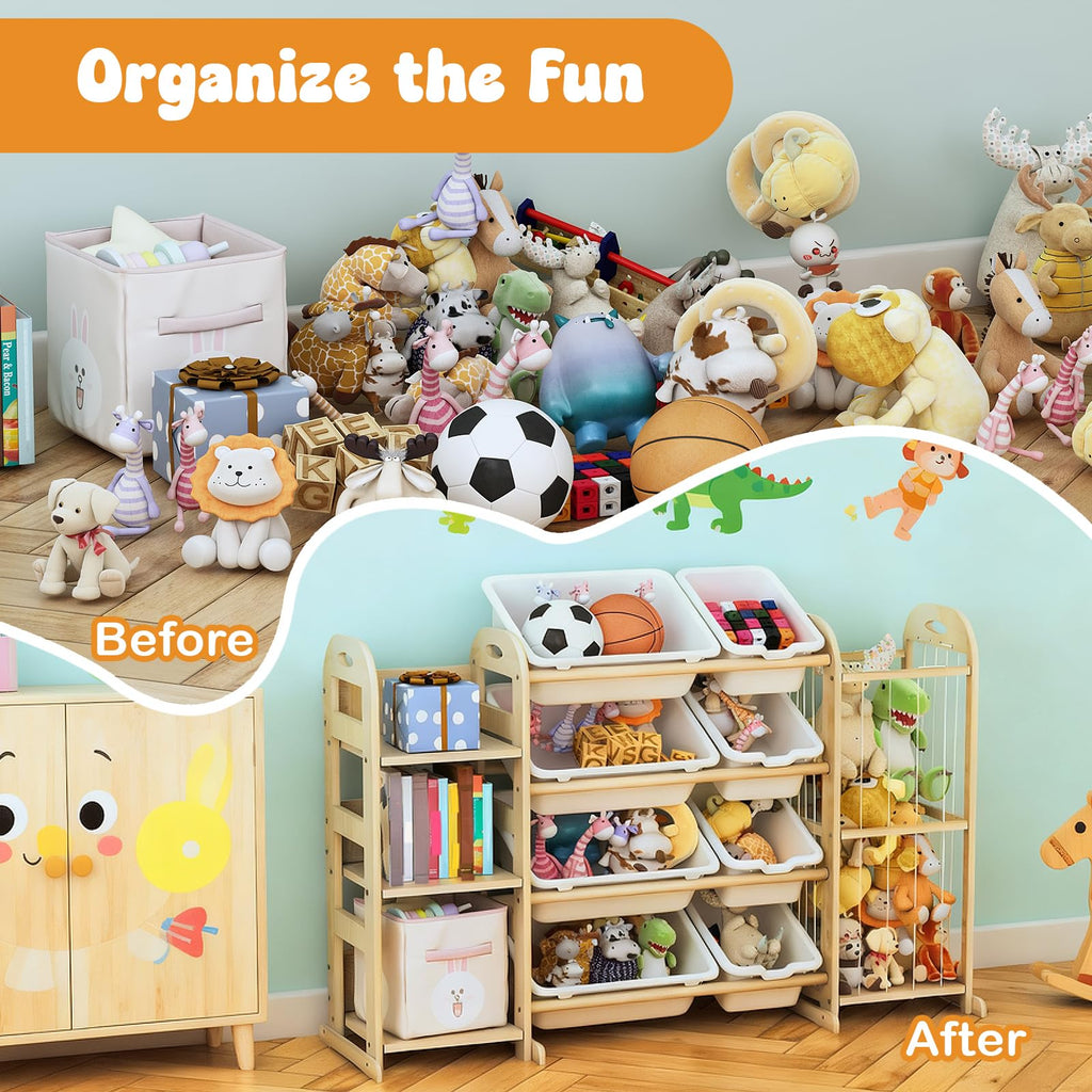 Wooden Toy Storage Organizer, Toy Organizers & Storage with Stuffed Animal Storage, Toy Storage Shelf with 3 Shelves