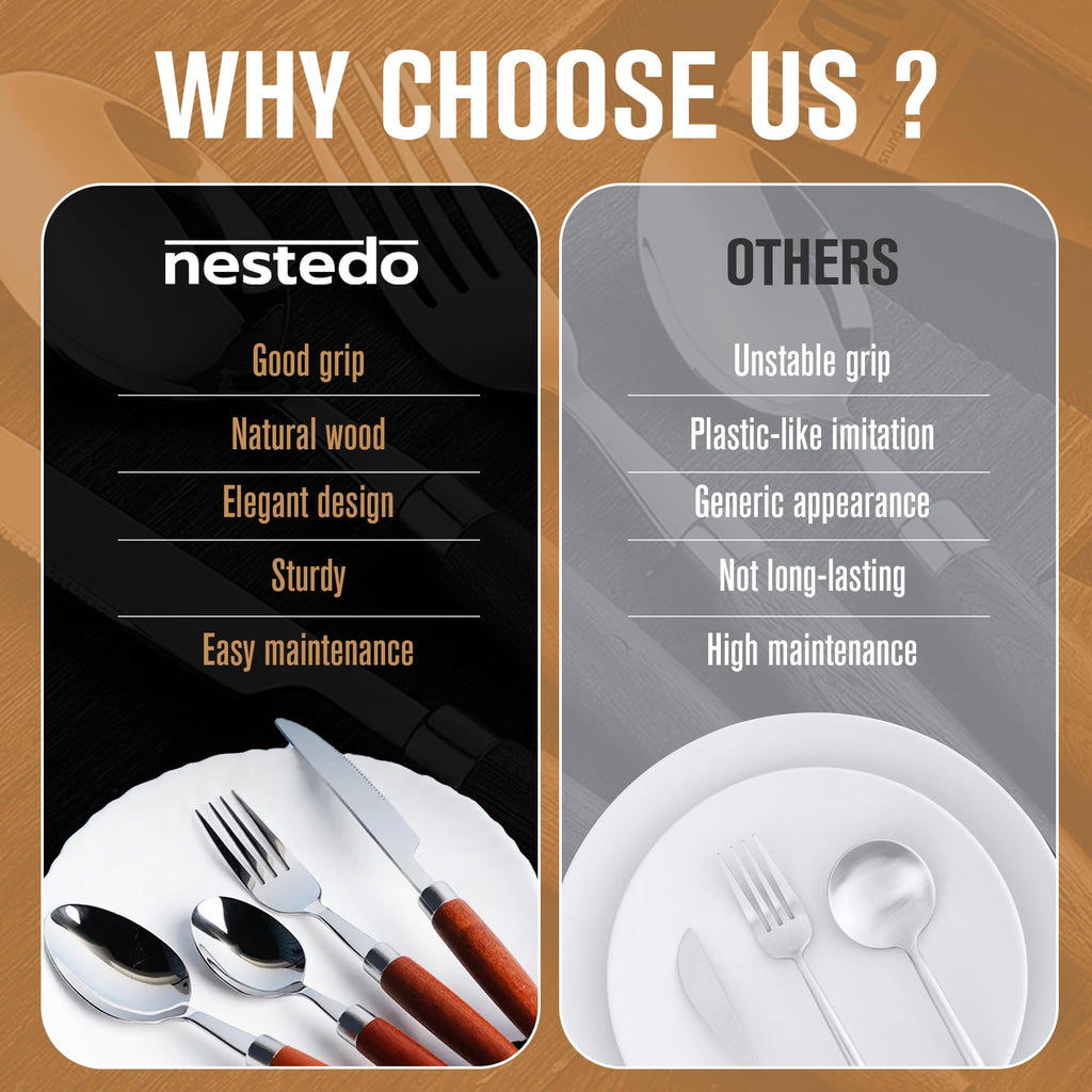 Wood Handle Silverware Set for 4, 16-Piece Stainless Steel Flatware
