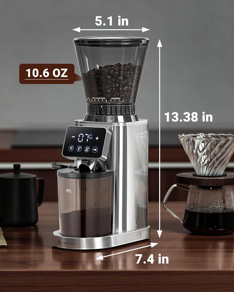 Burr Coffee Grinder, 48 Settings, Less Static Mess, Metallic Silver | 40mm Burr, Low Retention, 0.5s LED Timer