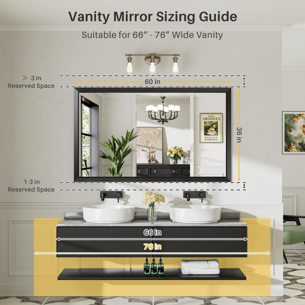 Black Metal Framed Bathroom Wall Mirror, 60x36 Inch