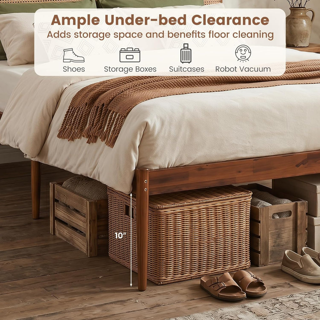 Rattan Queen Bed Frame, Boho Wood Platform Bed with Wicker Headboard, Wooden Mattress Foundation & Support Slats