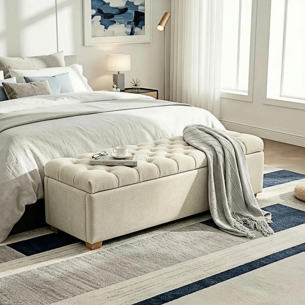 Modern Large Storage Bench Ottoman, Beige Chenille, 60 in | Oversized Long Seating, End of Foot of Bed Footstool