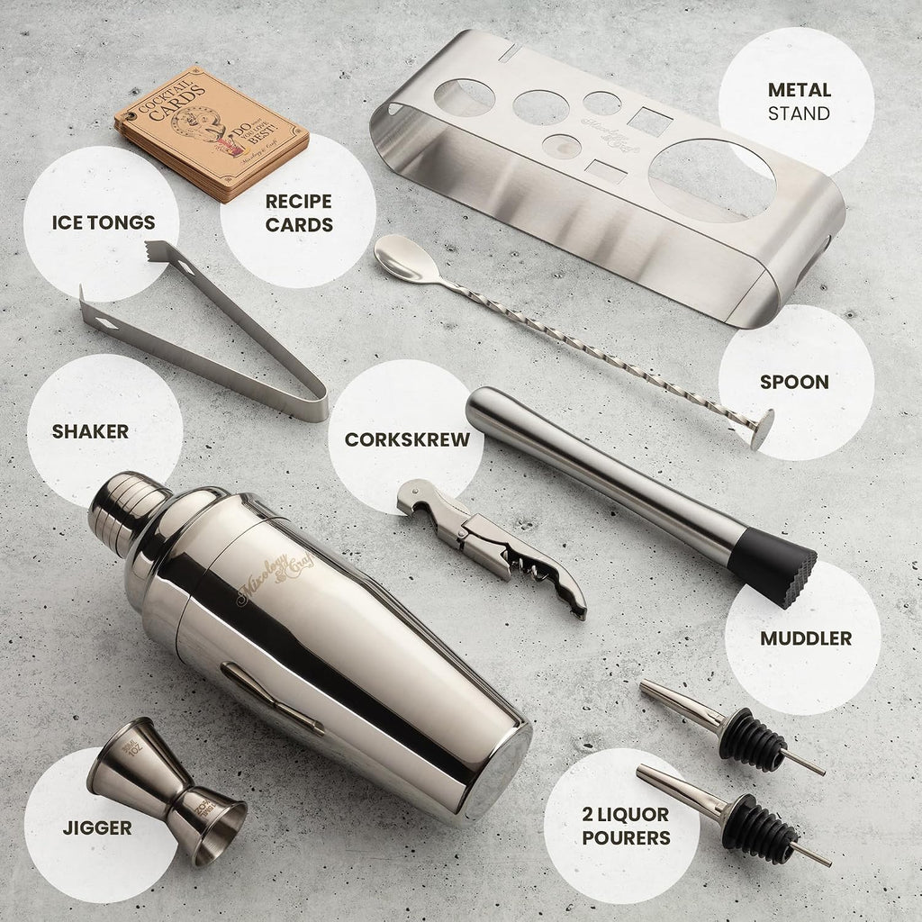 Cocktail Shaker Set: Complete Bartender Kit with Metal Stand and Bar Cart Accessories | Includes Exclusive Recipe - Set of 10