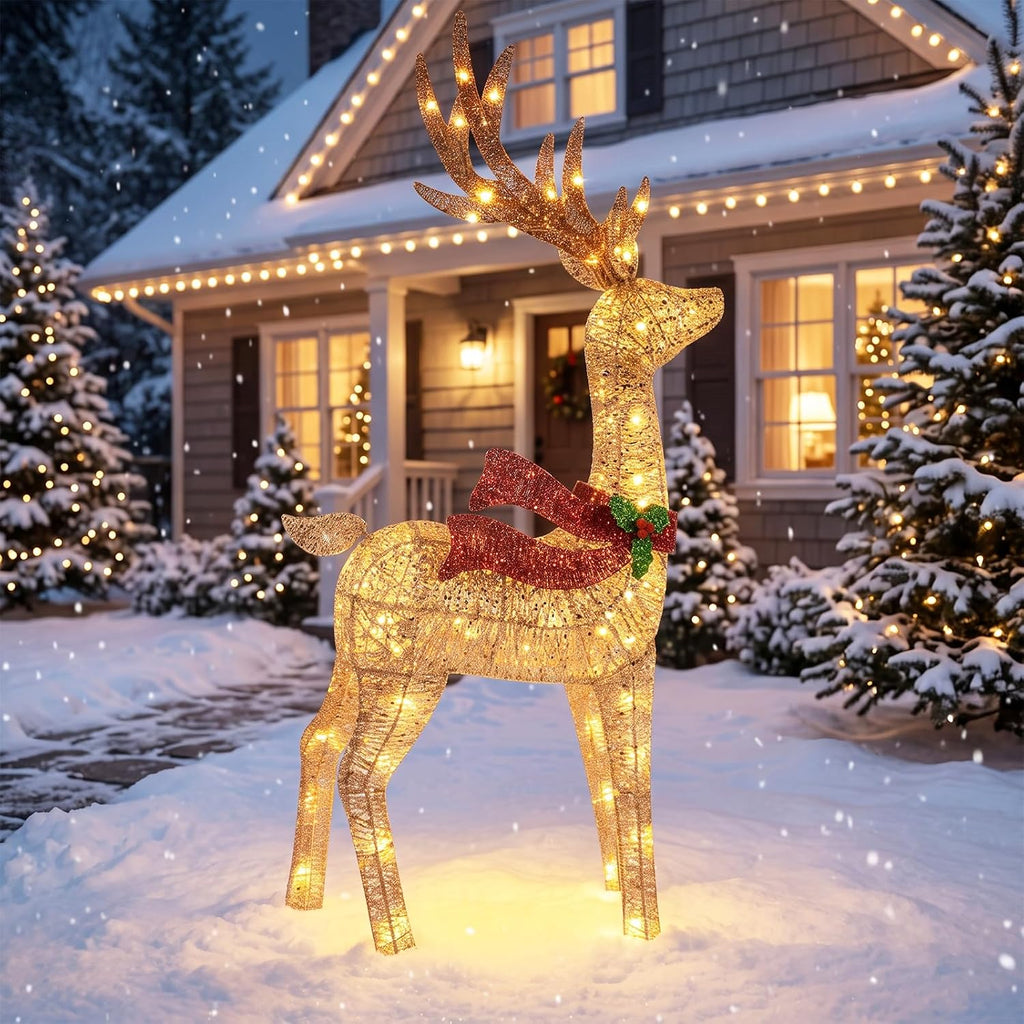 48-Inch Lighted Christmas Reindeer with 70 Warm White LED Lights, Pre-Lit Glitter Mesh Buck Deer with Gold Bells