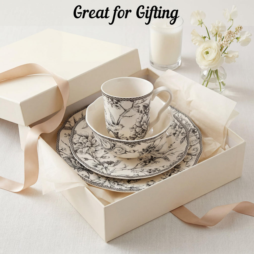 Adelaide 16-Piece Casual Grey Porcelain Dinnerware Set - Service for 4, Classic Toile Bird & Floral Design, Microwave