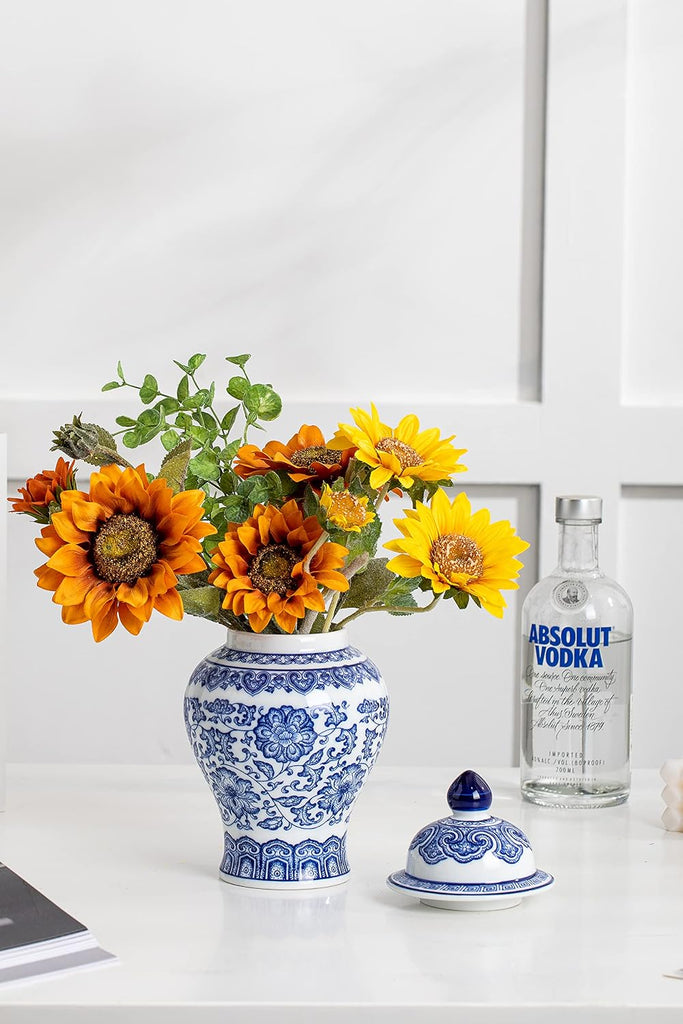 Blue and White Ginger Jar, Ceramic Chinoiserie Decorative Jars, Flower Vase Pocelain, Glossy Vase for Table, Living