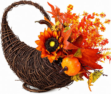 Rattan Cornucopia Basket Thanksgiving Fall Table Centerpiece
