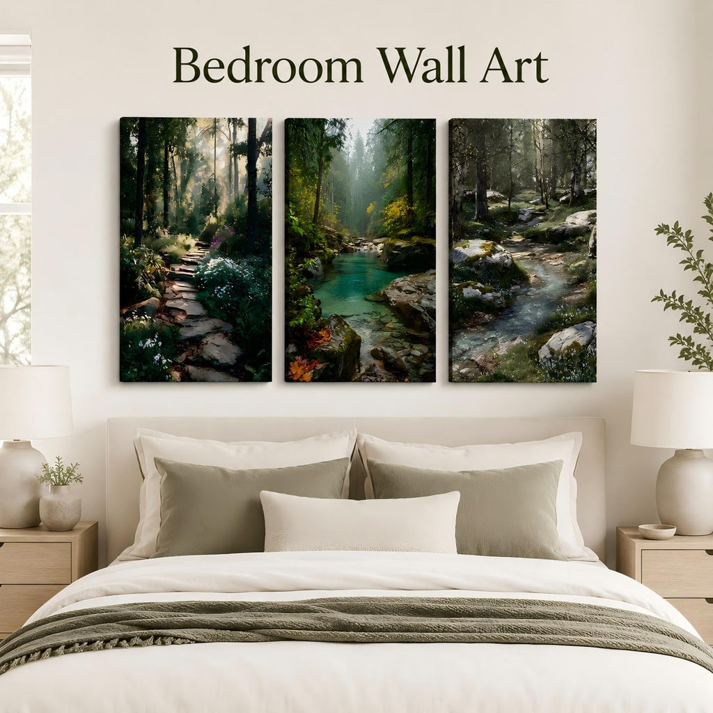 Natural Landscape Framed 3‐Panel Canvas Wall Art, Serene Woodland Path With Turquoise Creek And Wild Plants Canvas