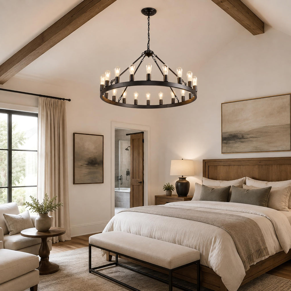 Black Wagon Wheel Chandelier, 40 Inch 20-Light Round Farmhouse Pendant Light Fixture, Rustic Hanging Ceiling Lamp