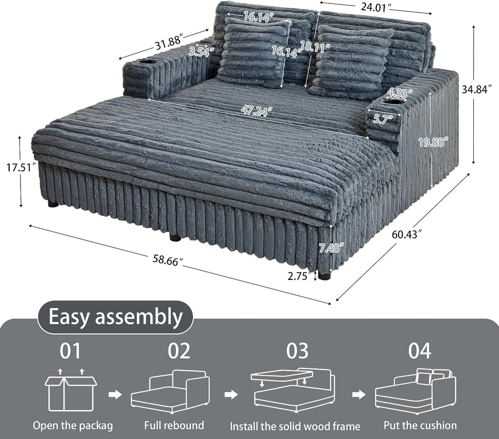 60.43'' Oversized Chaise Lounge Chair Indoor, Grey | Plush Faux Rabbit Fur, Sleeper Sofa Bed with 4 Pillows, Charging