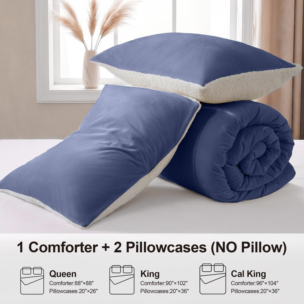 Fluffy Sherpa Comforter Set, Thick Bedding Set 3PC, Slate Blue