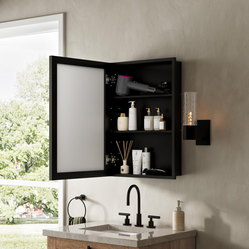Medicine Cabinet with Mirror, Black Metal Mirror Cabinet with Adjustable Shelf, Iron Medicine Cabinet Bedroom