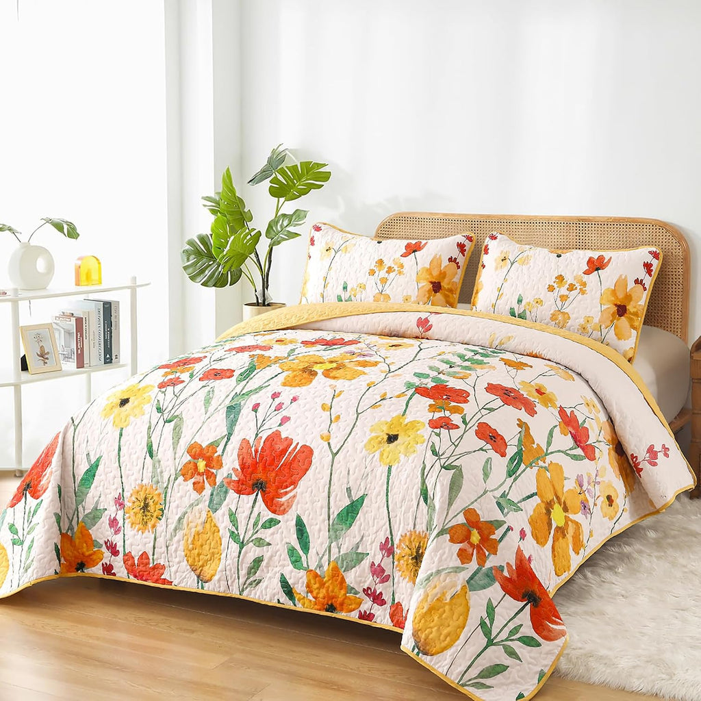Quilt Set Queen, Yellow Floral Reversible Bedspread Soft Microfiber Lightweight Queen Quilt Bedding Sets Reversible