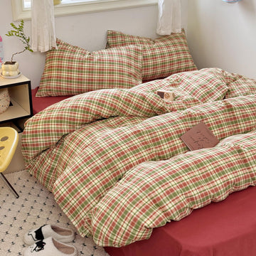 Red Green Plaid Duvet Cover -80"x90", Double Gauze Cotton