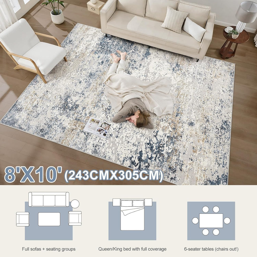 Area Rug Living Room Rugs - 8x10 Abstract Large Soft Indoor Washable Rug Neutral Modern Low Pile Carpet