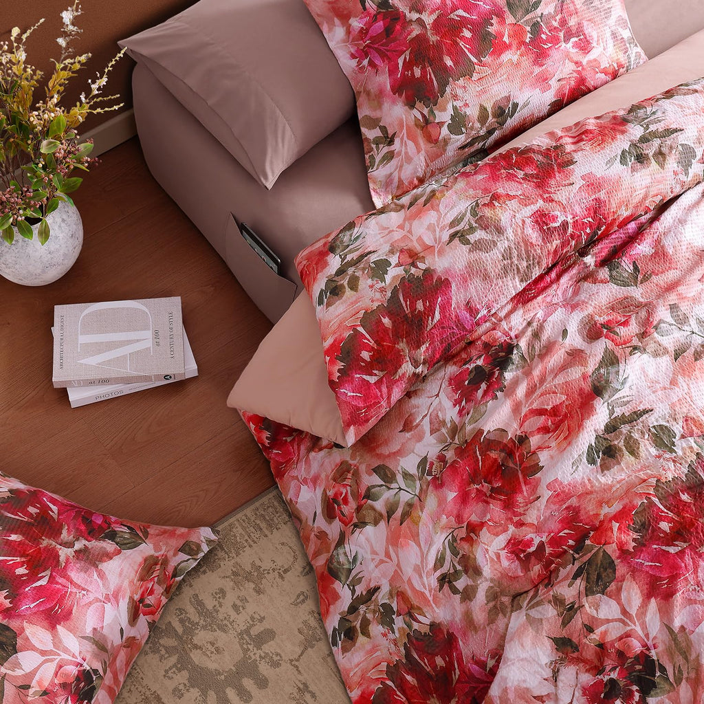 Comforter Set, 7 Piece Red Rose Floral Comforter Set with Flowers Leaves Pattern, Soft Seersucker Design All