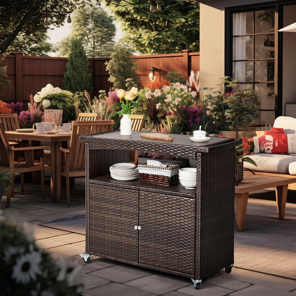 Outdoor Bar Cart with Storage Cabinet Patio Wicker Sideboard Buffet Cabinet Prep Table Outside Kitchen Serving Cart