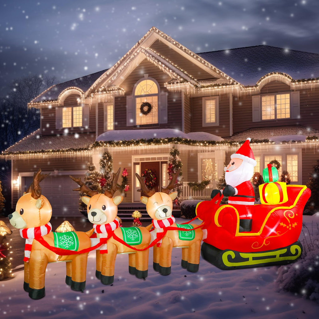 12FT Christmas Inflatable Outdoor Santa Claus on Sleigh & Reindeer Decor