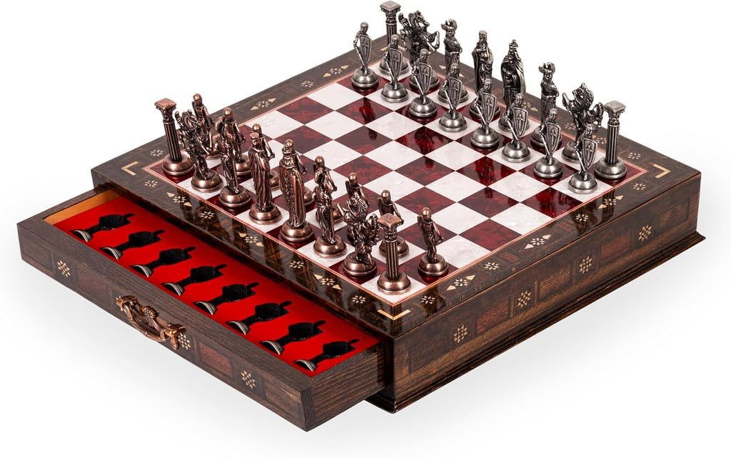 15-Inch Handmade Wooden Chess Set, Metal Pieces & Storage, Red