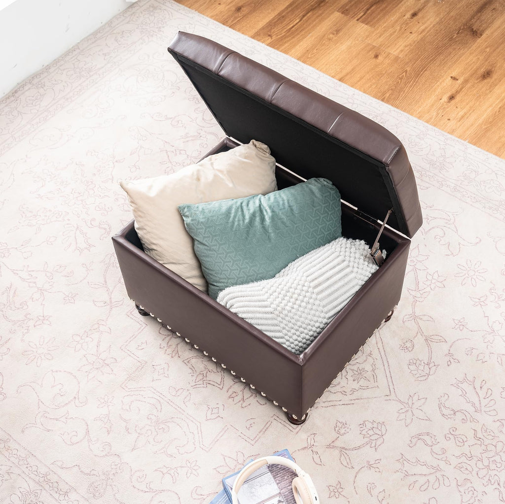 Bonded Leather Square Tufted Storage Footstool, 18" ottoman, Dark Brown