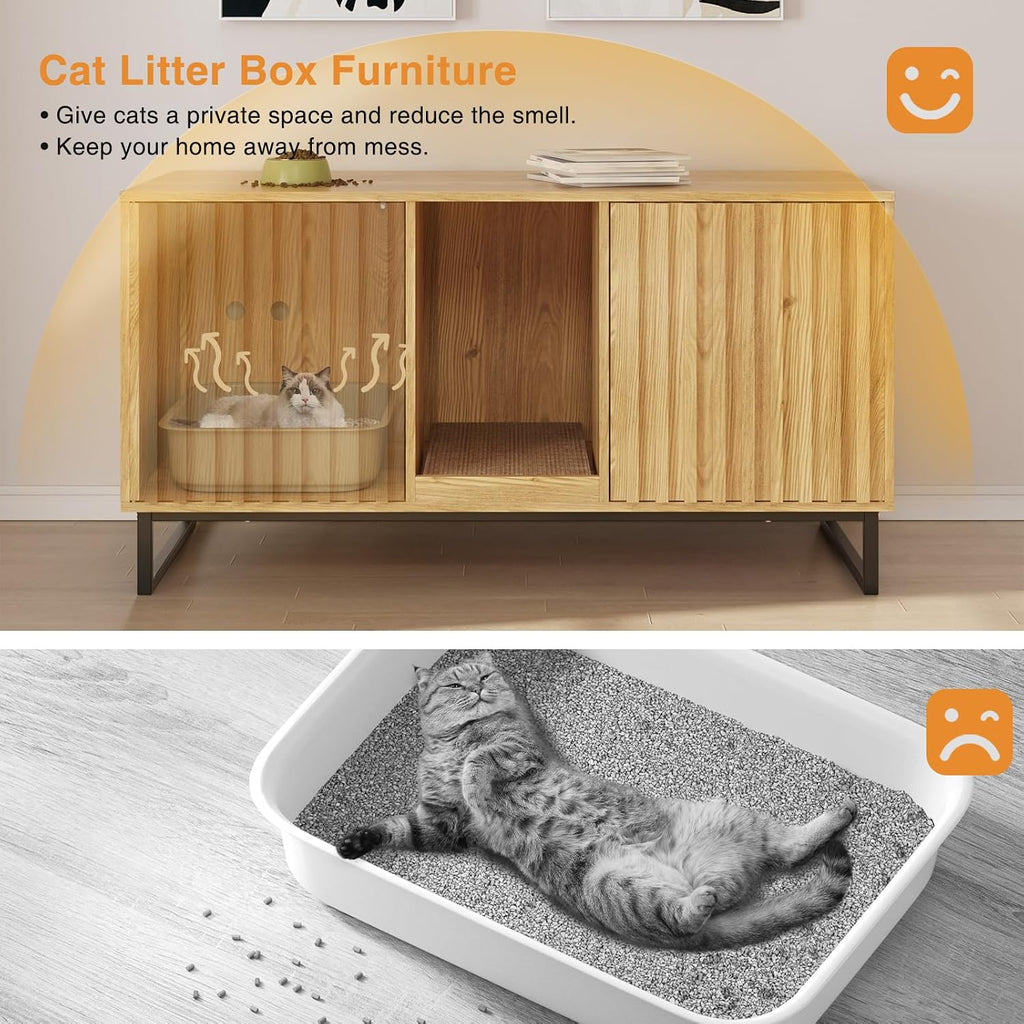 Cat Litter Box Enclosure for 2 Cats, 47.6'' Litter Box Furniture Hidden with Scratch Pad, Double Room Large Cat