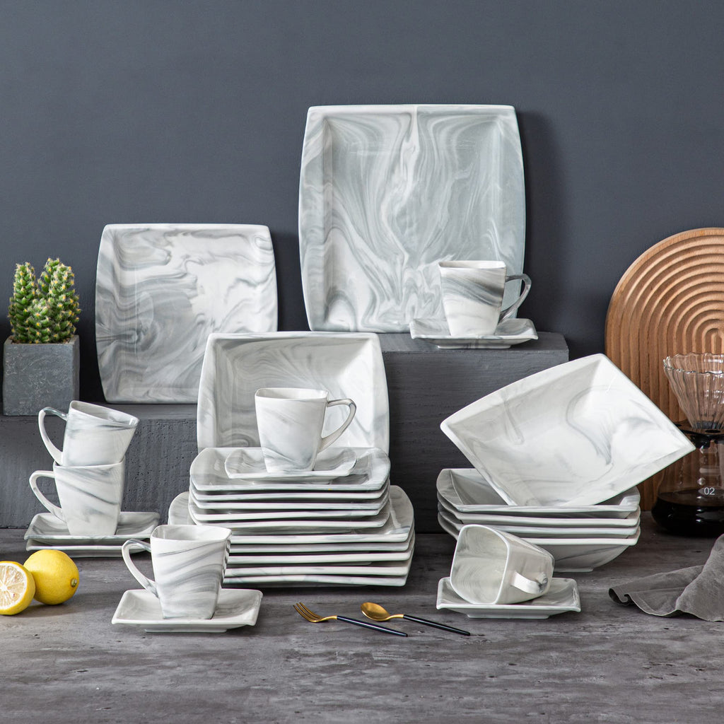 Dinnerware Sets, 30 Piece Porcelain Plates and Bowls Sets for 6, Square Dish Set with Dinner Plates Set, Cup and