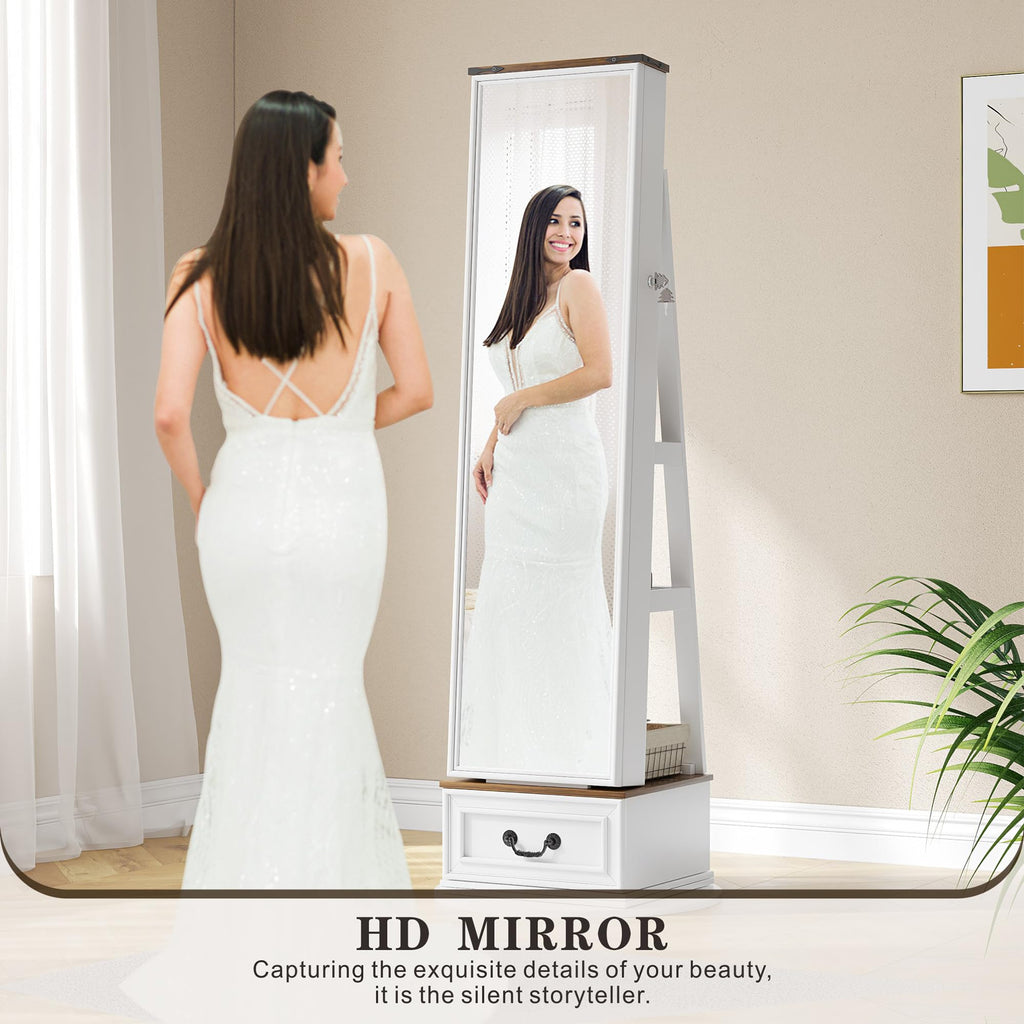 Jewelry Cabinet with Full Length Mirror, Lockable, Swivel, White