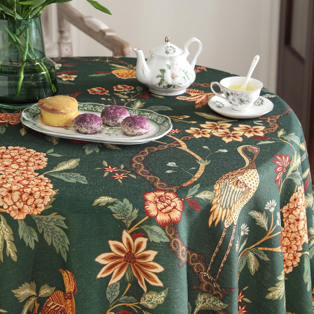 Designer Vintage Green Round Tablecloth, Diameter 67"