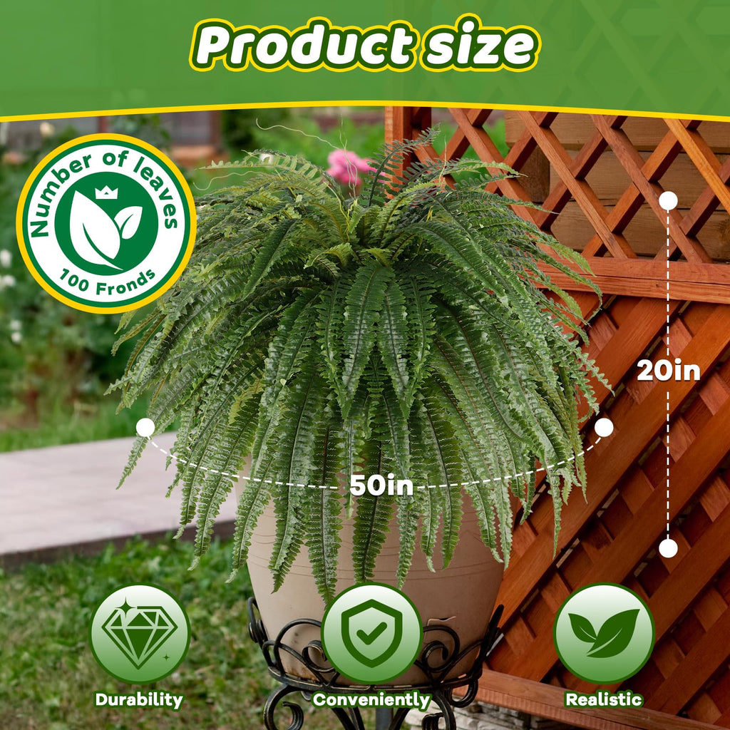 Single Silky 50" Artificial Fern Plant, Large Fake Fern with 100Fronds, Realistic Faux Boston Fern Bush for Outdoors